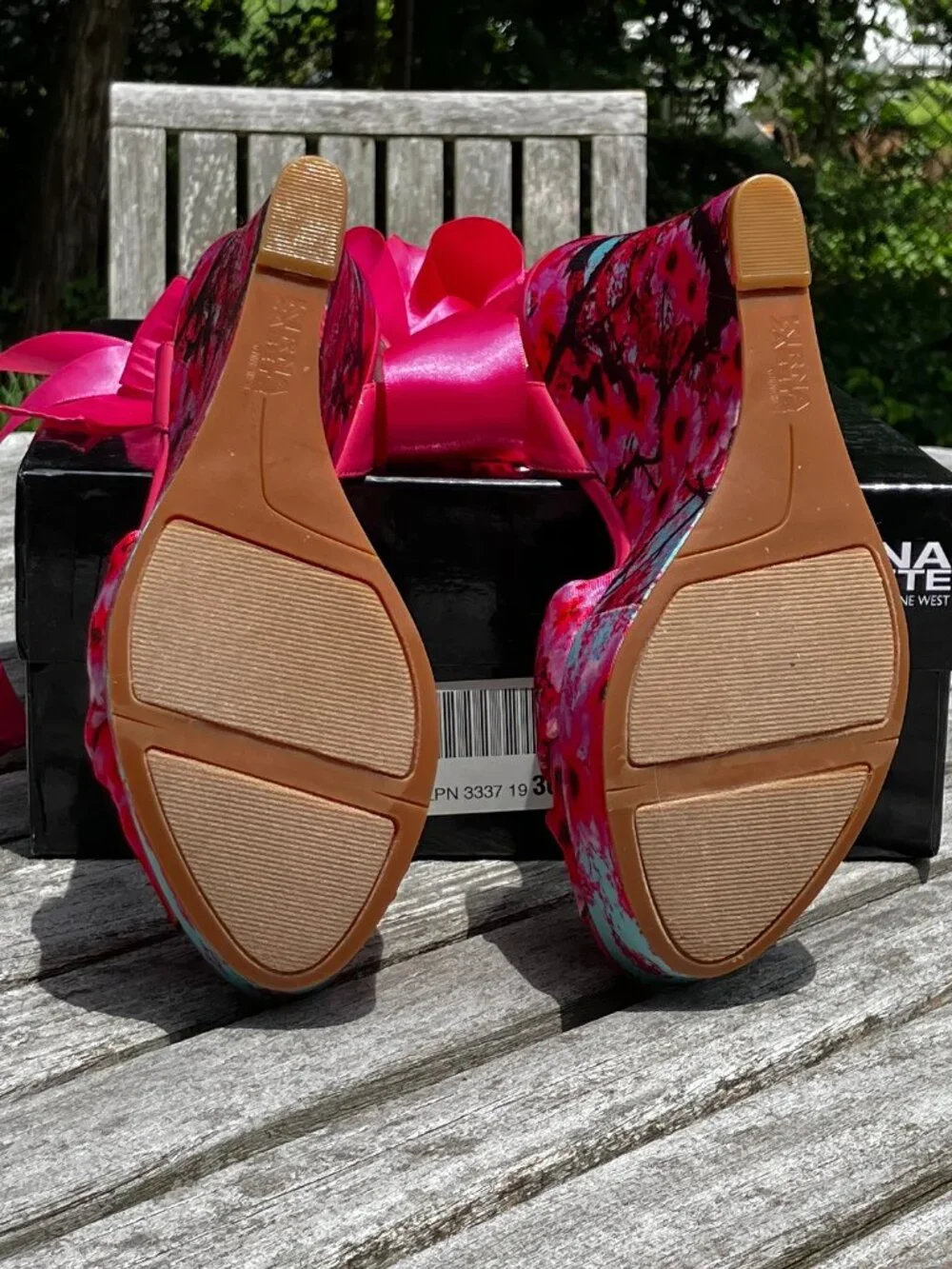 NWT🌺Cherry Blossom and Pink Satin Ribbon Platform Wedge Sandals